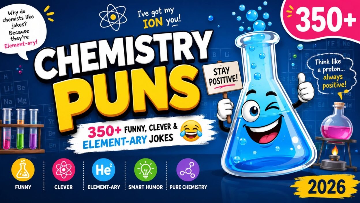 Funny chemistry puns banner with cartoon lab flask, element jokes, science humor, and 350+ chemistry puns for 2026