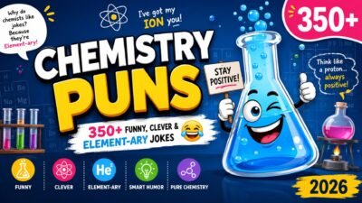 Funny chemistry puns banner with cartoon lab flask, element jokes, science humor, and 350+ chemistry puns for 2026