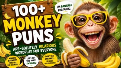 Funny monkey holding a banana with sunglasses in a jungle, promoting 100+ monkey puns and ape-themed jokes