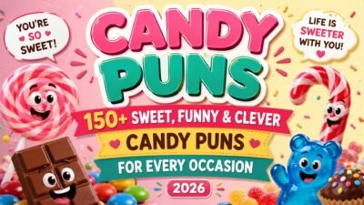 Colorful candy puns banner with lollipop, chocolate bar, gummy bear, and sweet candy-themed illustrations for 2026