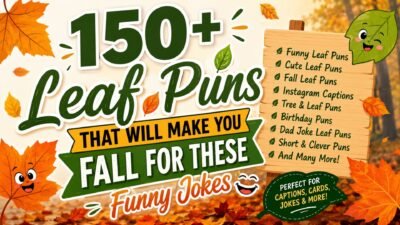 Colorful autumn banner with 150+ leaf puns, cute leaves, and funny fall-themed typography design
