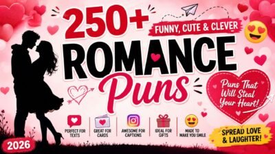 Romance puns banner featuring hearts, couple silhouette, and 250+ funny cute love puns for cards and captions