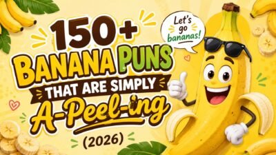 Funny banana puns 2026 featured with a smiling cartoon banana mascot and bright yellow tropical design