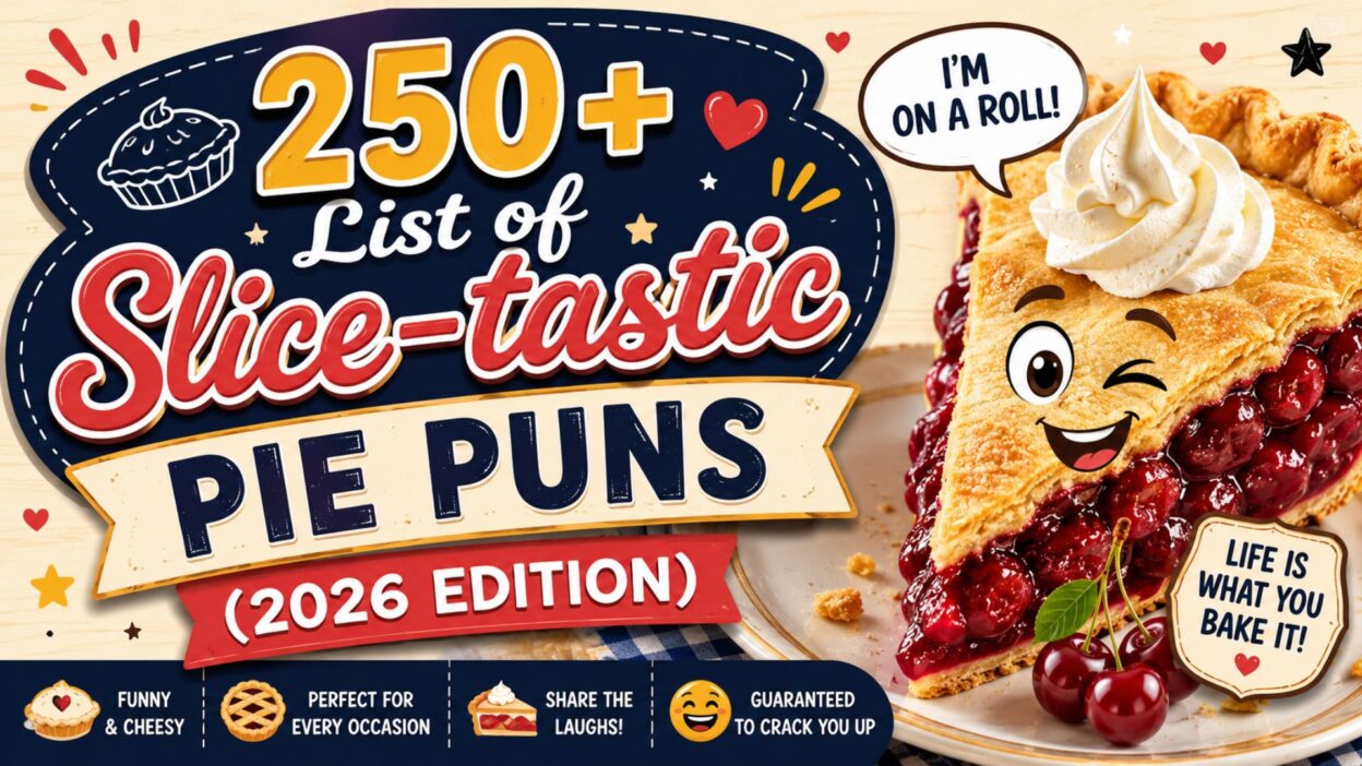 Colorful 2026 pie puns thumbnail featuring a smiling cherry pie slice with fun baking jokes and playful typography.
