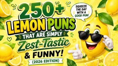 Funny lemon puns 2026 featured with bright lemons, cheerful citrus graphics, and playful zest-themed typography