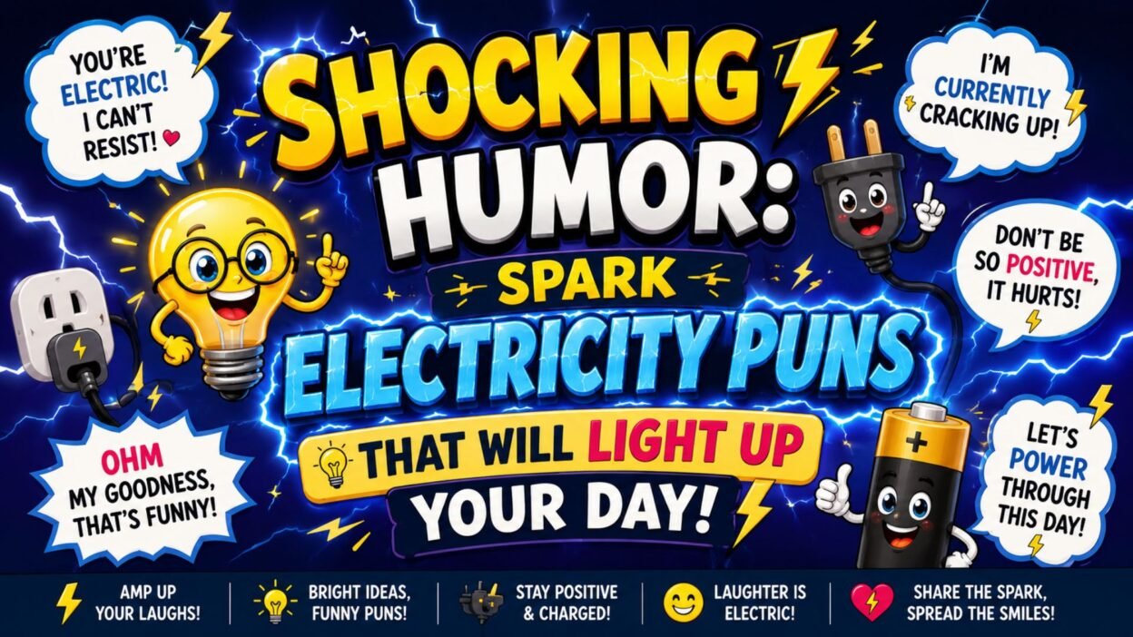 Shocking humor electricity puns graphic with funny lightning, lightbulb characters, and power jokes design