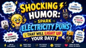 Shocking humor electricity puns graphic with funny lightning, lightbulb characters, and power jokes design