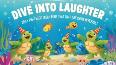 Colorful ocean puns illustration featuring a dolphin, whale, turtle, starfish, and funny sea-themed jokes