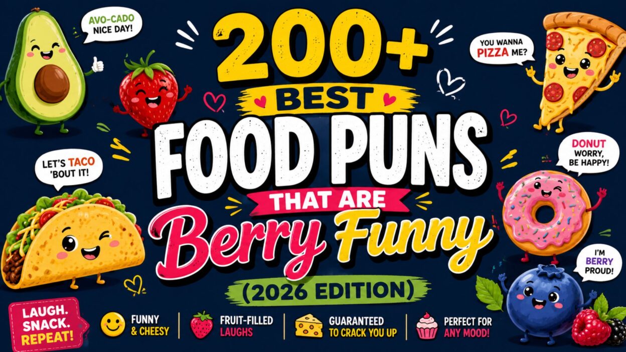 Funny food puns infographic with cute avocado, taco, pizza, donut, strawberry, and blueberry cartoon characters