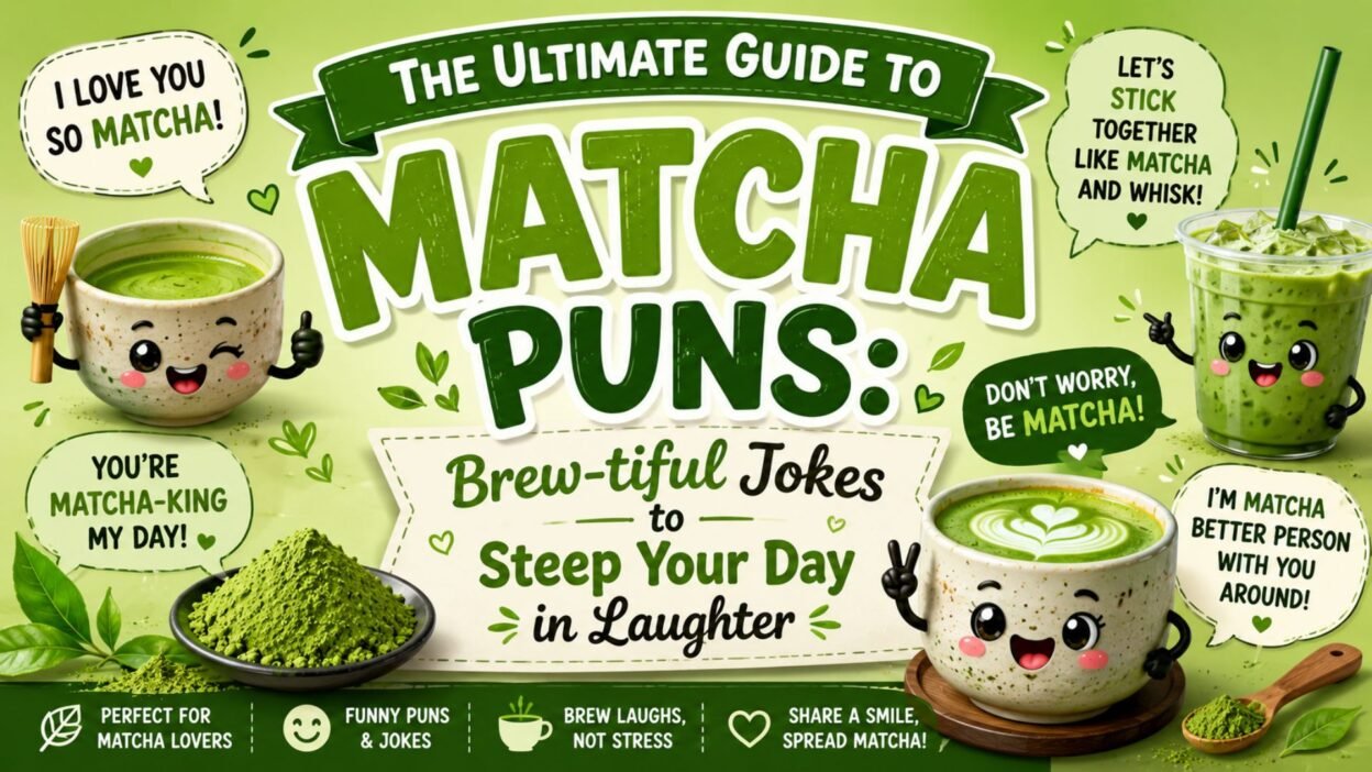 Matcha puns guide graphic with cute tea cups, funny jokes, and brew-tiful matcha humor design