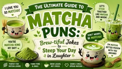 Matcha puns guide graphic with cute tea cups, funny jokes, and brew-tiful matcha humor design