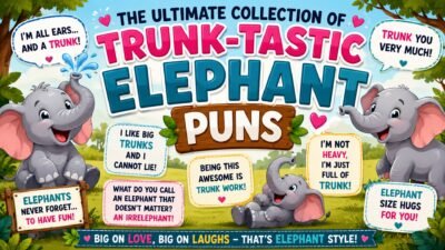 Trunk-tastic elephant puns graphic with cute cartoon elephants and funny jungle jokes design