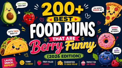 Funny food puns infographic with cute avocado, taco, pizza, donut, strawberry, and blueberry cartoon characters