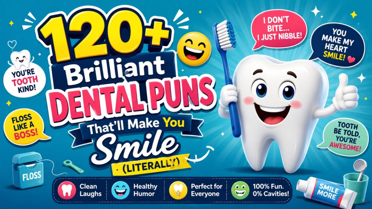 Cartoon smiling tooth holding a toothbrush with colorful dental puns and funny oral care quotes