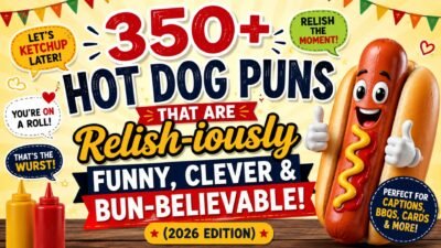 Colorful hot dog puns banner with cartoon hot dog and bold text 350+ hot dog puns funny BBQ themed graphic