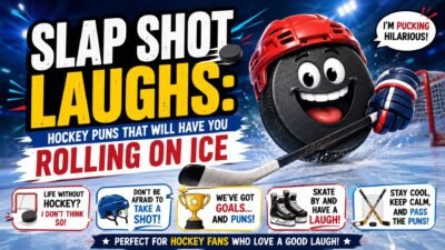 Funny hockey puns poster with cartoon hockey puck, ice rink action, and slap shot jokes for hockey fans