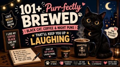Black cat and coffee puns banner with a cozy night scene, moonlight, and funny cat-themed coffee jokes.