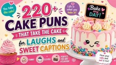 Cute pink frosted cake and cupcake with 220+ cake puns for laughs, sweet captions, and birthday humor