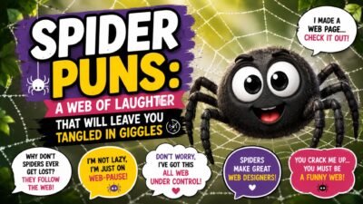 Funny spider puns graphic with a smiling cartoon spider on a web and playful spider-themed jokes