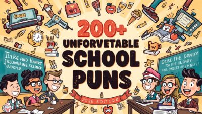 Colorful school puns illustration with books, pencils, classroom jokes, and funny school humor for students and teachers