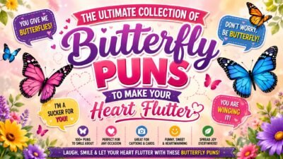 Butterfly puns poster with colorful butterflies, flowers, and funny heart flutter quotes