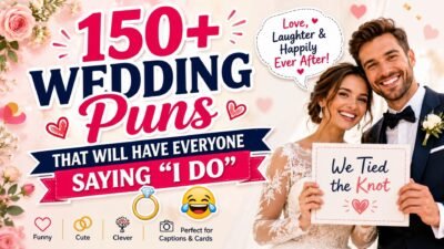 150+ wedding puns with a smiling bride and groom, funny wedding jokes, captions, and love-themed wordplay