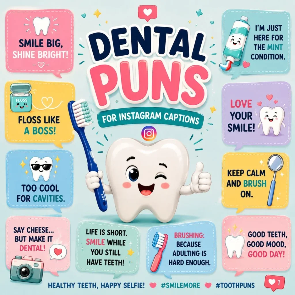 Dental puns for Instagram captions illustration with a smiling tooth, toothbrush, and social media quote bubbles