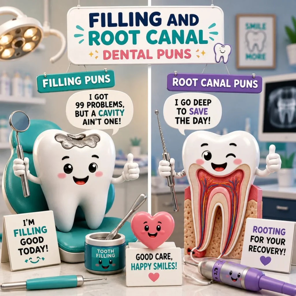 Funny filling and root canal dental puns illustration with smiling teeth, dental tools, and playful dentist jokes