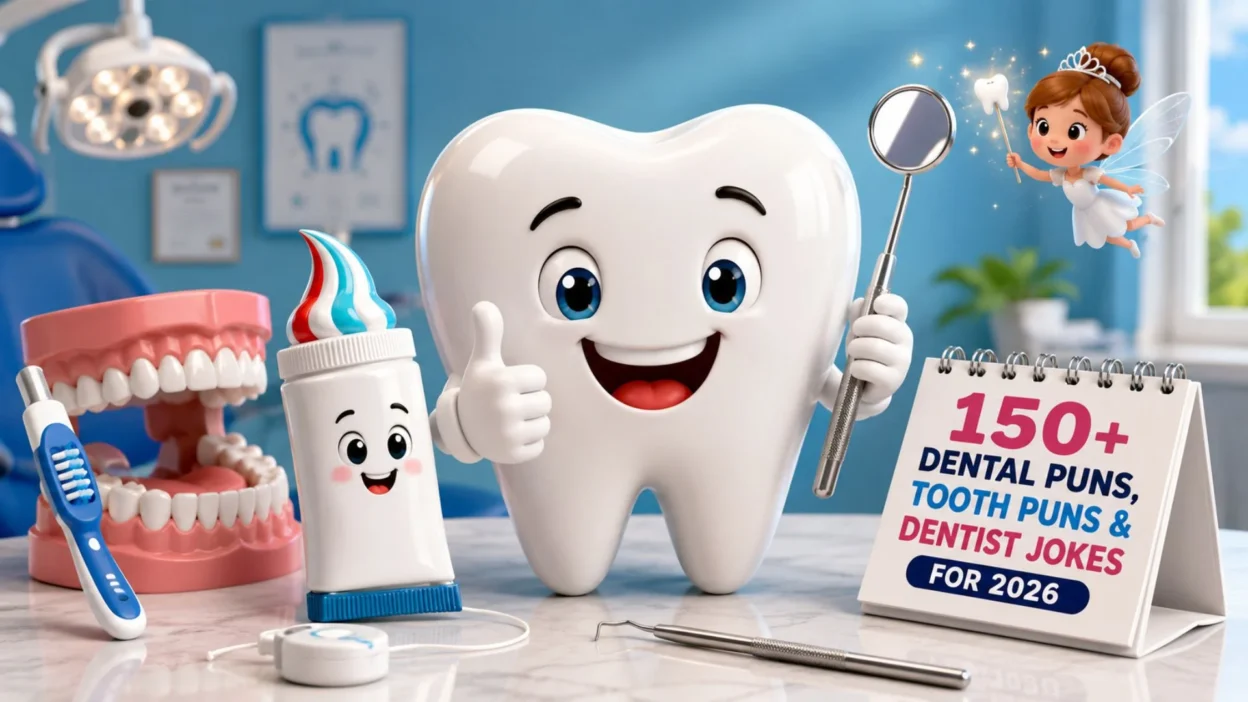 Funny dental puns illustration with a smiling tooth, toothpaste, dental tools, and dentist jokes for 2026