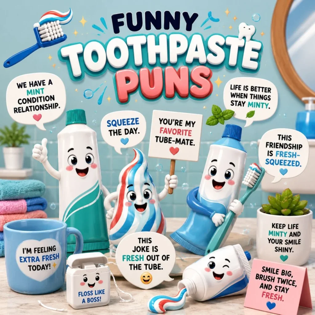 Funny toothpaste puns illustration with smiling toothpaste characters, toothbrushes, and mint-themed dental jokes