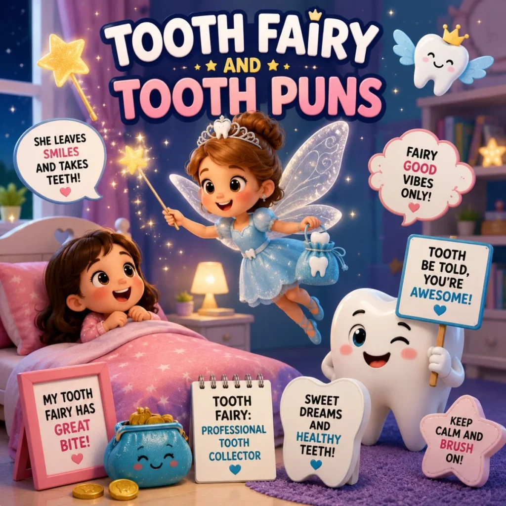Cute Tooth Fairy and tooth puns illustration with a child, smiling tooth character, and magical bedtime scene