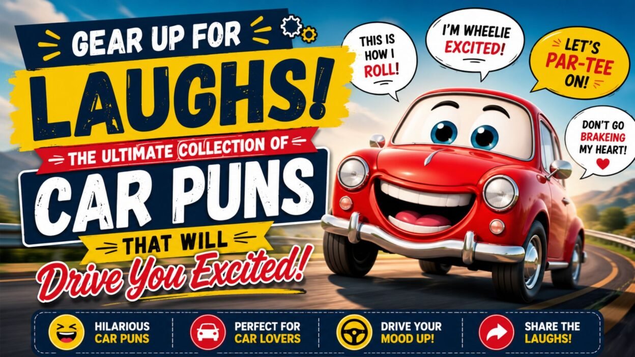 Smiling cartoon car with funny car puns on a colorful road banner for the ultimate collection of car puns.