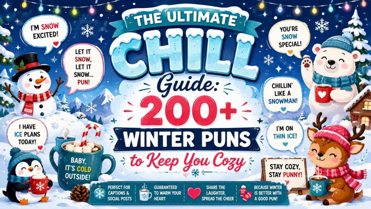 Winter puns poster with snowman, penguin, polar bear, cozy mugs, and funny snowy jokes