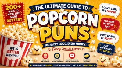 Ultimate popcorn puns guide with buttery popcorn, funny quotes, and playful illustrations for snack lovers