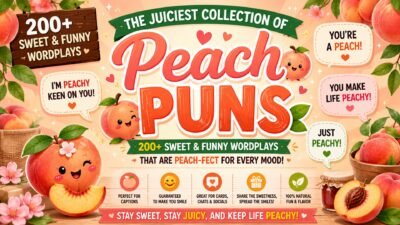 Peach puns collection with cute peaches, funny wordplay, and sweet peach-themed illustrations for laughter and captions