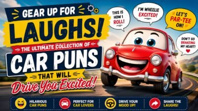 Smiling cartoon car with funny car puns on a colorful road banner for the ultimate collection of car puns.