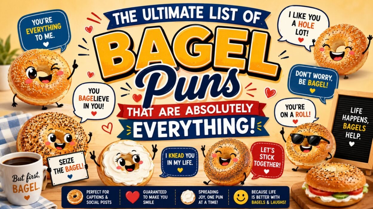 Bagel puns poster with cute bagels, cream cheese, coffee, and funny everything bagel jokes