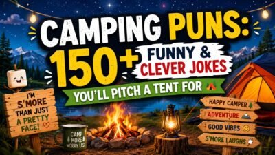 Camping puns featured image with campfire, tent, mountains, and funny outdoor jokes under a starry night