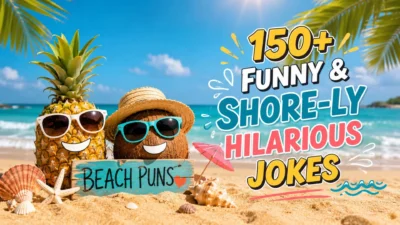 Colorful beach puns illustration with smiling pineapple and coconut on a sunny beach, perfect for funny beach jokes and captions.