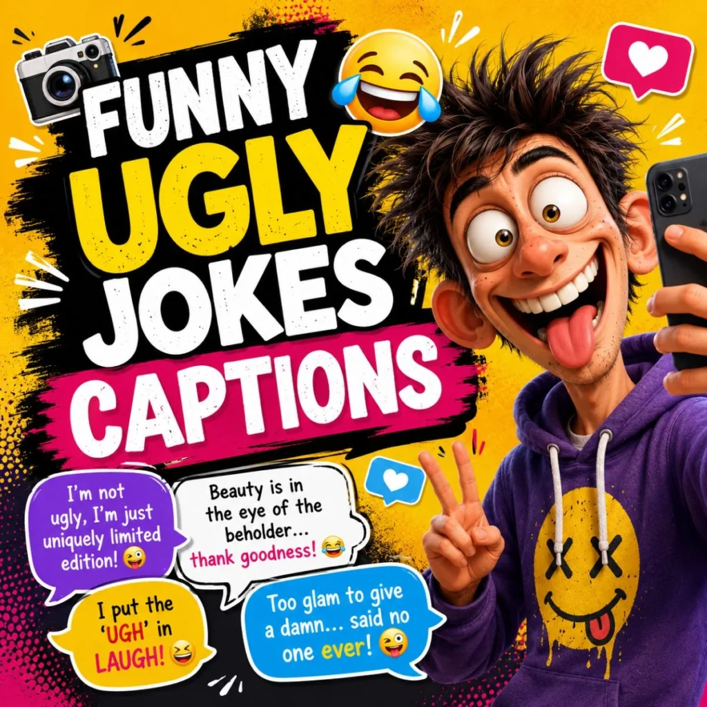 Funny ugly jokes captions illustration with a goofy cartoon character taking a selfie and comic-style speech bubbles