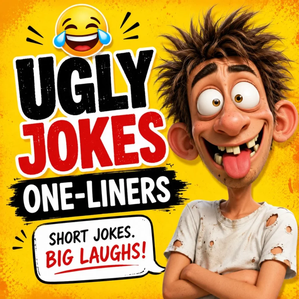 Funny ugly jokes one-liners illustration with a goofy cartoon character and bold comic-style design for quick laughs