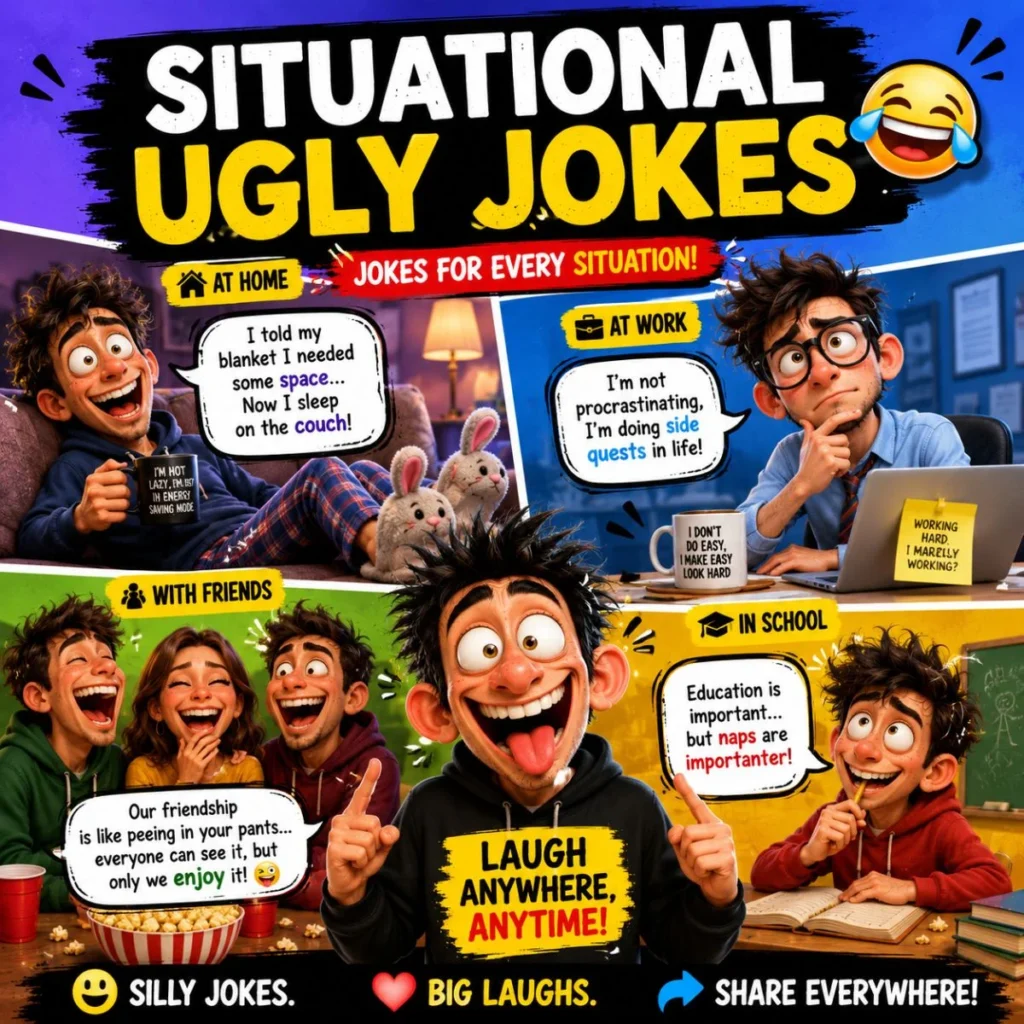Situational ugly jokes illustration with funny cartoon scenes at home, work, school, and with friends