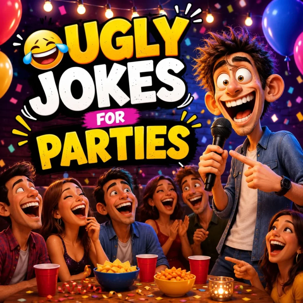 Funny ugly jokes for parties with a cartoon comedian entertaining friends in a festive celebration scene