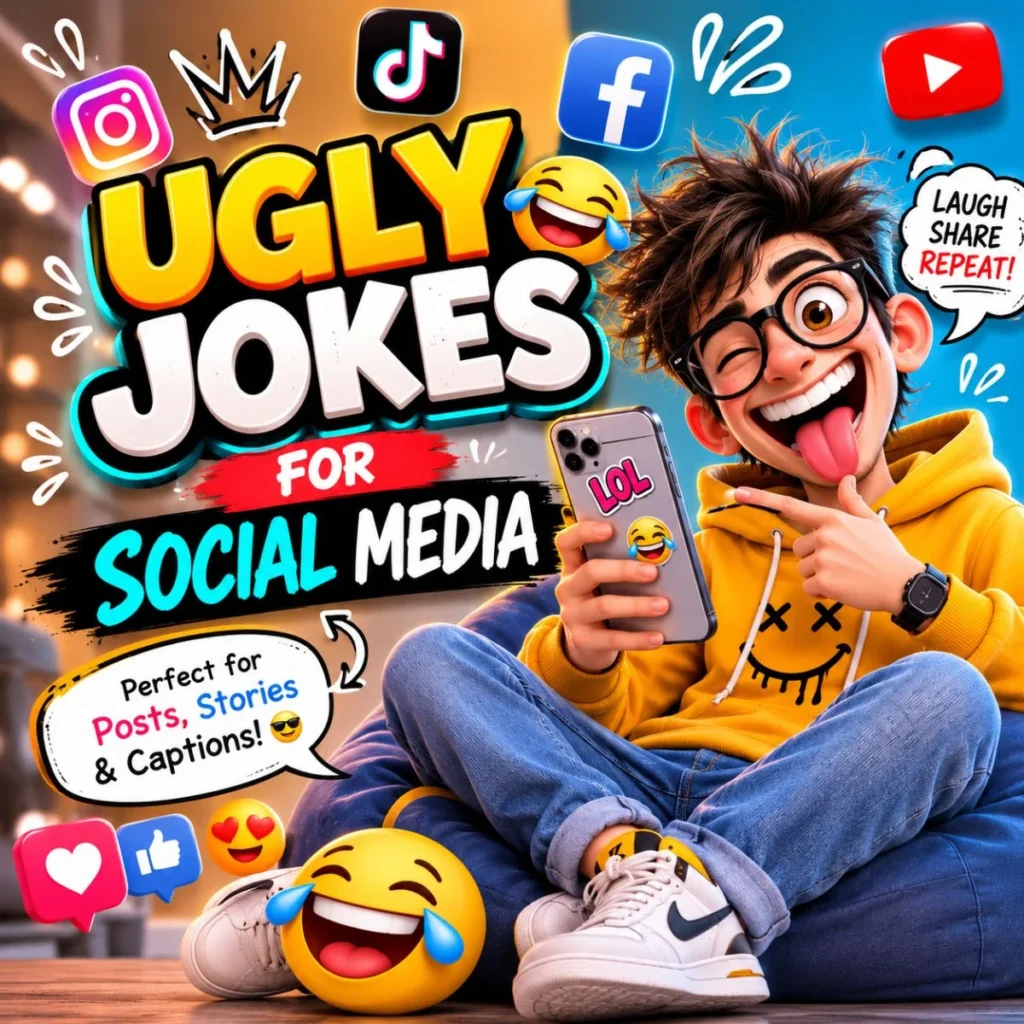 Funny ugly jokes for social media with a goofy cartoon character, smartphone, and playful comic-style humor
