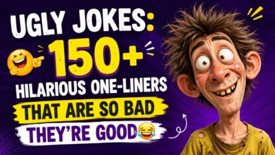 Funny ugly jokes illustration with a goofy cartoon character and bold title for hilarious one-liners and clean humor