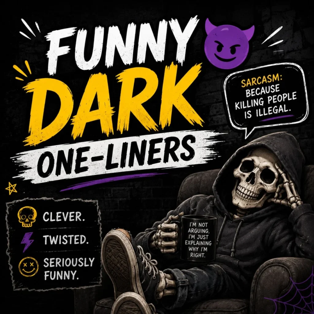 Funny dark one-liners with clever, twisted humor and a hooded skeleton