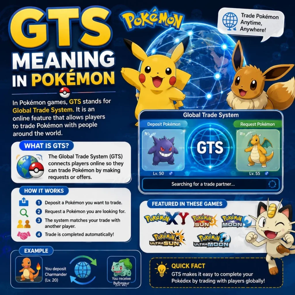 GTS meaning in Pokémon explained with Global Trade System and Pokémon trading visuals